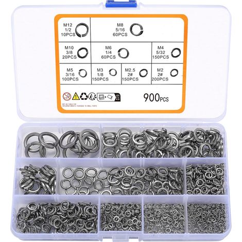 Lot de 900 rondelles de sécurité fendues en acier inoxydable - Joints élastiques pour boulons, vis, 2, 1/8", 5/32", 3/16", 1/4", 5/16", 3/8", 1/2" (1/5)