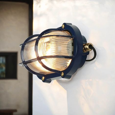 Außenlampe Wand Echt-Messing Glas E27 IP64 21 cm breit Blau Maritim