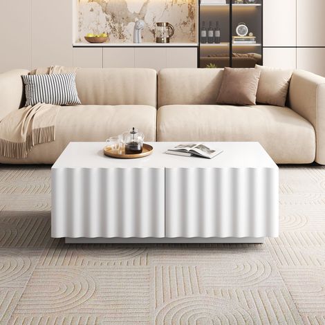Table basse design - Rangement, Façade ondulée - 100x50x40 cm - Motif en vagues et 2 tiroirs - Blanc (1/5)
