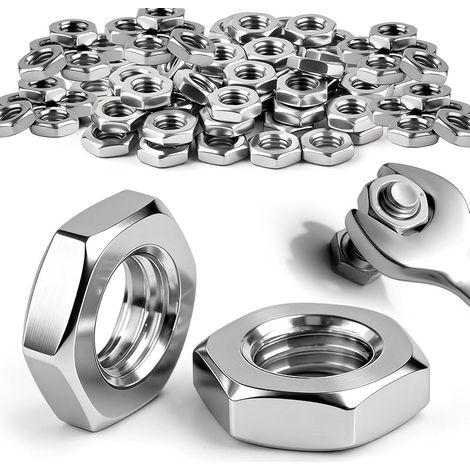 Lot de 15 écrous M10 hexagonaux DIN 439 en acier inoxydable A2 V2A - Demi-écrous plats - Rainure hexagonale - Forme basse pour vis, rondelles, tiges filetées, bois et fabrication de meubles