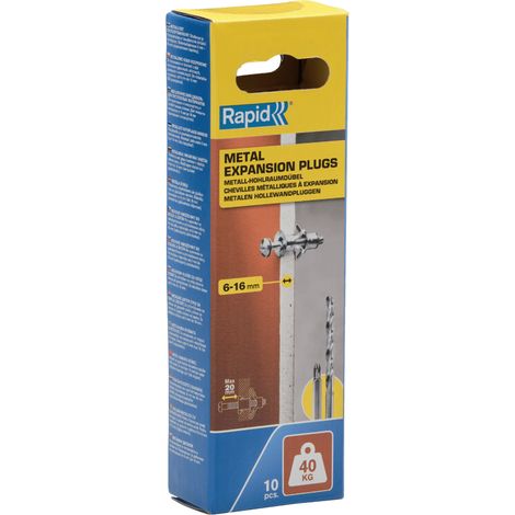 RAPID - Chevilles à Expansion Métal - 6-16mm Lot 10 Charge Max 40 kg Pour Cloison Plâtre, Fixation Solide pour Mur Creux - (5001549)