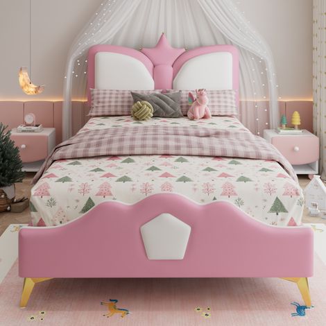 Lit enfant rembourré en PU rose et blanc 90x200 cm, tête de lit couronne, sommier à lattes inclus (1/5)