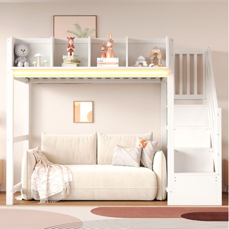 Cama alta infantil de 90x200 cm con iluminación LED, espacio de almacenamiento y escalera, estructura estable para dormitorio, madera - blanco (1/5)