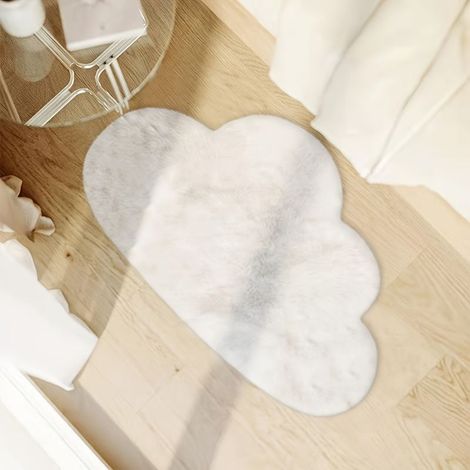 Tapis blanc en polyester à motif nuage, tissage irrégulier, couleur unie, idéal pour la chambre, le salon et le bureau. Lavable en machine (60 x 100 cm). (1/4)