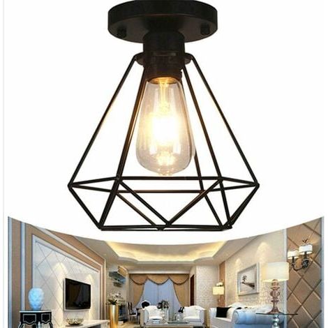 Plafonnier industriel rétro Cage métallique Fer noir, plafonnier industriel vintage Suspension pour entrée, porch- (1/5)