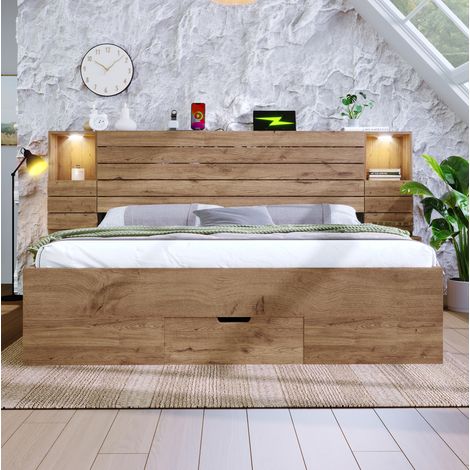 FLORAGRACE Letto matrimoniale 160x200 cm in legno marrone chiaro con luci LED, USB Type-C, comodini sospesi e contenitore con 3 cassetti (1/5)