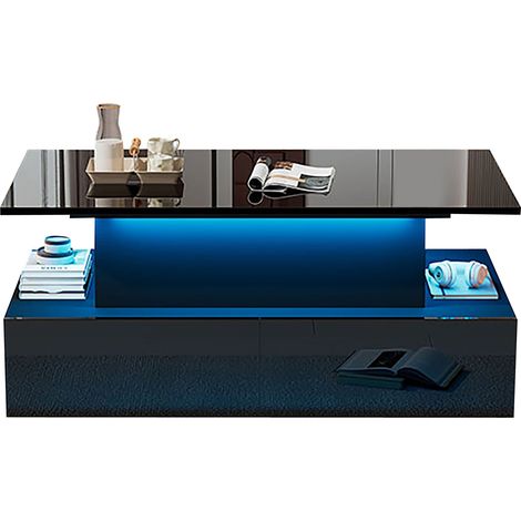 Couchtisch mit LED-Beleuchtung und 4 Schubladen, ausziehbarer Tischplatte, Hochglanz, 90 × 55 × 41 cm, Schwarz (1/5)