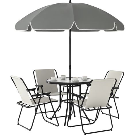 Set giardino in acciaio 6 pezzi con 4 sedie pieghevoli, ombrellone e tavolo rotondo, crema, grigio e nero