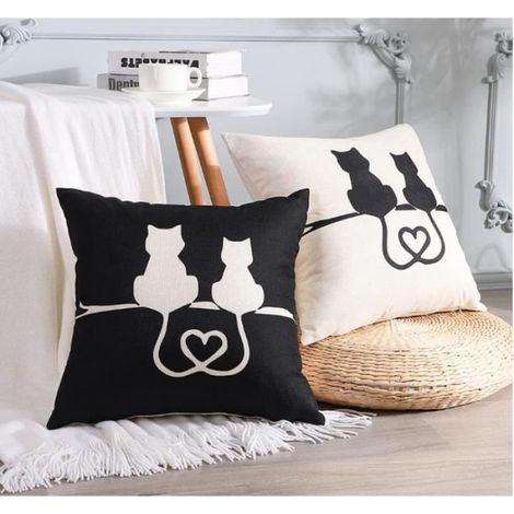 Lot de 4 Housse De Coussin, chat noir et blanc Polyester et Lin Décoratif Taie d'oreiller Canapé Voiture Maison Décor 45x45cm (1/4)