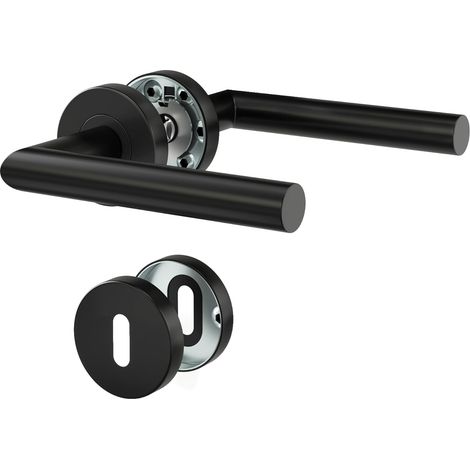 Türgriffe Innentüren, Türklinke Schwarz Pulverbeschichtet für Drückergarnitur Zimmertür, Türgriff-Set Edelstahl mit Rosette Ø 52 mm BB-Buntbart, L-Form (1/5)