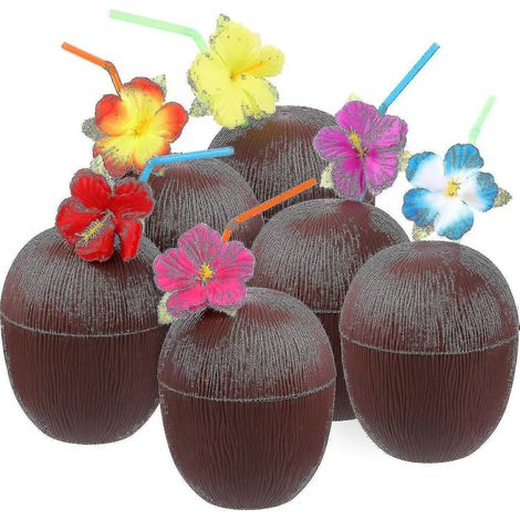 Lot de 6 gobelets réutilisables en plastique en forme de noix de coco avec pailles (1/3)