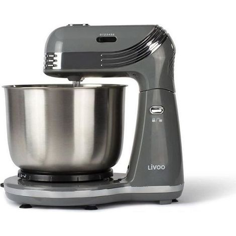 Robot pâtissier multifonction 3L 250W gris – 6 vitesses – Bol en acier inoxydable – Pour pâtes, crèmes et desserts – Livoo - dop137g (1/10)