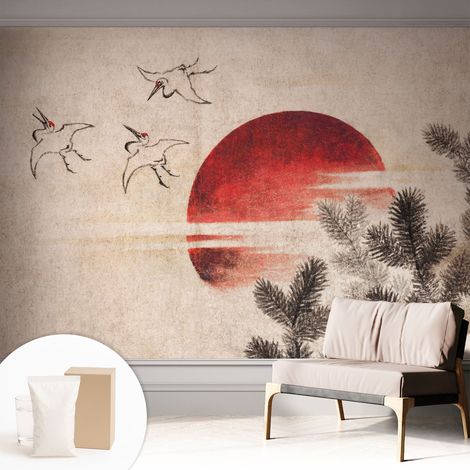Papier peint intissé classique moderne pour salon et chambre à coucher Décoration rapide avec colle Lever de soleil dans la forêt 312x219 cm (1/5)
