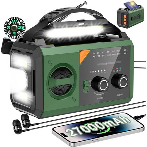 27000mAh Bluetooth Radio Solaire, Batterie Externe Solaire Radio AM/FM 3 Façons de Charger 8 en 1 Radio Portable d'urgence, SOS, Lampe de Poche, Boussole, Lampe de Lecture, Prise Casque (1/5)