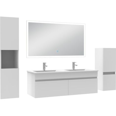 Acezanble Ensemble meuble Salle de Bain 120cm avec double vasque + colonne + miroir lumineux dimmable blanc (1/5)