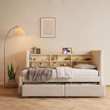 Cadre de lit beige en lin 207 x 101,5 x 78,5 cm (1/5)