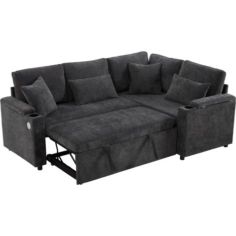Canapé d’angle L convertible et extensible, avec rangement, porte-gobelet, port de charge USB, tablette d’accoudoir et quatre coussins. Convient au salon, à la chambre d’amis, au home cinéma et à l’ap (1/5)