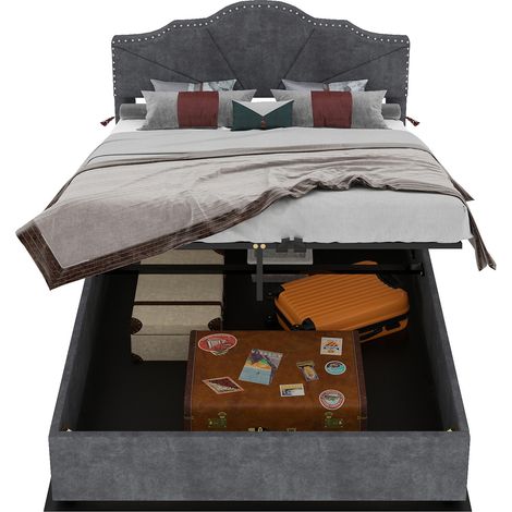 Lit moelleux moderne et minimaliste, tête de lit confortable et douce, 140200CM, gris, meuble de chambre multifonction, lit coffre haut avec vérin pneumatique, matelas non inclus. (1/5)