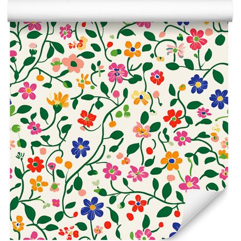 Papel pintado con flores pequeñas verdes y blancas para salón y dormitorio, 50x1000 cm. (1/5)