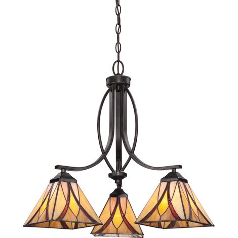Elstead Asheville - Lustre suspendu à 3 ampoules bronze clair, verre Tiffany, E27 (1/5)
