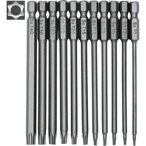 Set di 11 punte Torx lunghe per cacciaviti e avvitatori elettrici - Punte magnetiche - Attacco esagonale da 1/4" - Misure da T6 a T40 - Lunghezza 100 mm