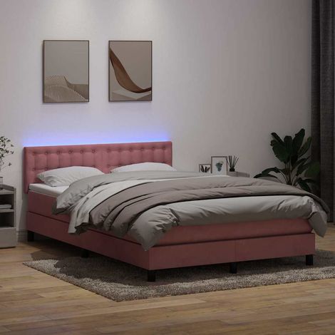 Sommier à lattes de lit avec matelas et LED rose 160x220 cm velours