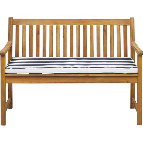 Banco de jardín de madera de acacia clara 120 cm listones cojín azul/blanco para exterior estilo rústico Vivara