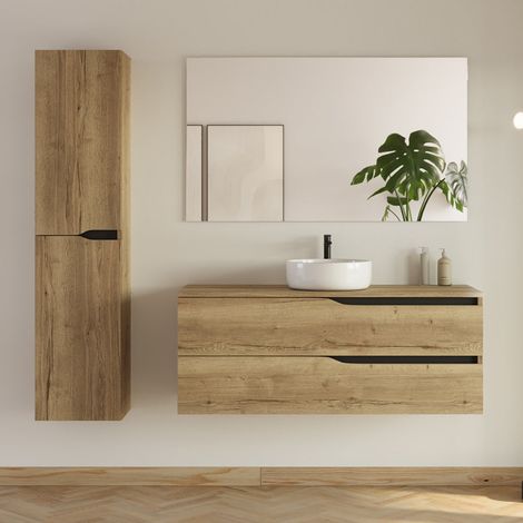 Meuble de salle de bain 120cm avec plateau et vasque ronde Ares - 2 tiroirs et colonne de rangement - madera miel (bois clair) - LUNA