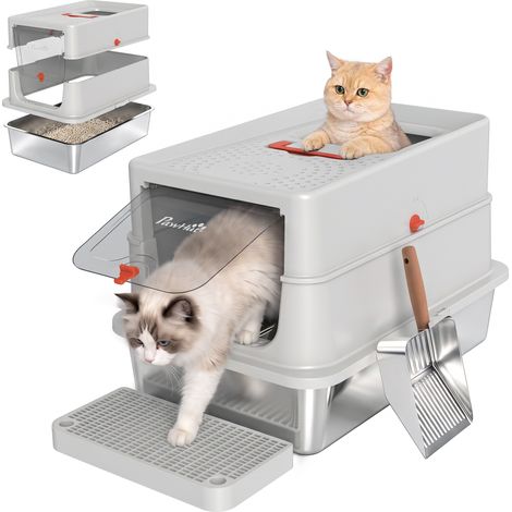 Bac à litière pour chat en acier inoxydable, fermé, anti-odeurs, XXL, gris clair (1/5)
