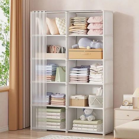 Armoire de rangement ouverte pour chambre à coucher, penderie portable - Blanche, 6 compartiments, 2 niveaux (1/5)