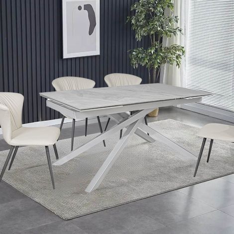 Tavolo allungabile Nefti con top in ceramica colore grigio chiaro italiano lucido con gambe argento (1/5)