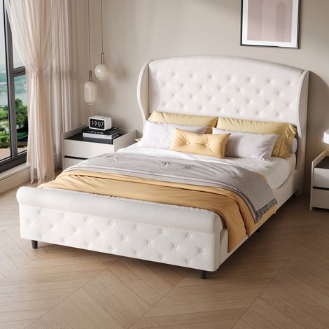 Lit Double 140×200 cm Design Traîneau en Velours Blanc Cassé, avec Sommier à Lattes, Capitonnage Boutonné, Style Classique Européen (1/5)