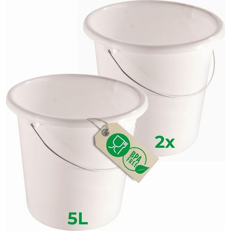 2 pièces seau 5L blanc avec échelle de mesure - seau de nettoyage 5 litres 22,5 cm Pratique et polyvalent avec échelle pour la maison et le