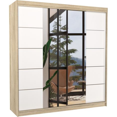 Les Tendances – Armoire chambre adulte 200 cm 2 portes coulissantes avec miroir – Penderie + étagères réglables – Design moderne en naturel/blanc (1/4)