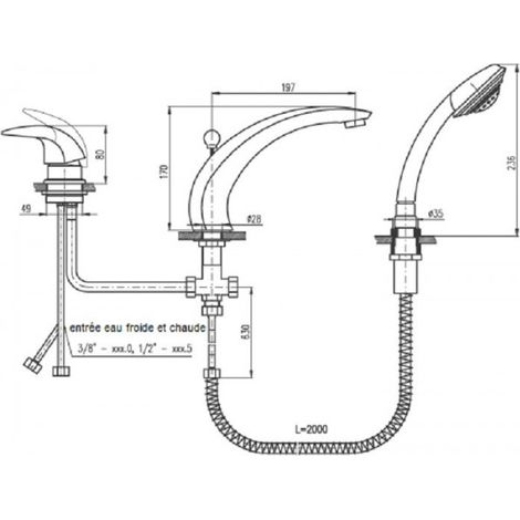 Mitigeur baignoire à cascade DUNAJ 3 trous avec inverseur en laiton doré (1/4)