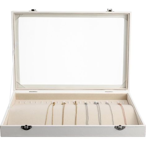 Plateau de Rangement pour Colliers en Bois Blanc Grosse Capacité, Boîte à Bijoux Sécurisée et Verrouillable pour Dressing ou Coiffeuse Élégante (1/5)