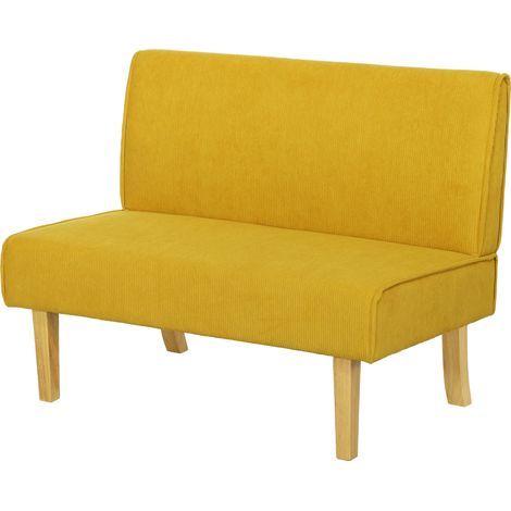 Canapé deux places en velours côtelé, rembourrage épais et pieds en bois massif, jaune, idéal pour le salon, la chambre ou le bureau. (1/5)