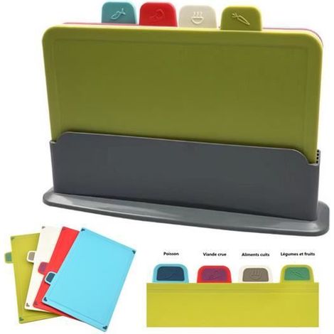 Planche à Découper 4 pcs Planches à Découper Plastique Anti Contamination pour différents aliments avec support de rangement (1/4)