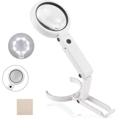 5X/11X Illuminated Handheld Magnifier with Stand and 8 LEDs, Reading Magnifier, Tabletop Magnifier with Folding Stand, for Reading, Inspection, Soldering, Crafts, Repair, Ø75mm (1/5)