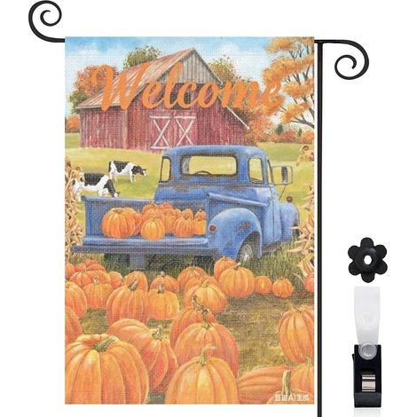 Drapeau de jardin bienvenue 30 x 45 cm motif récolte citrouilles et camion vintage toile double face pour extérieur (1/5)