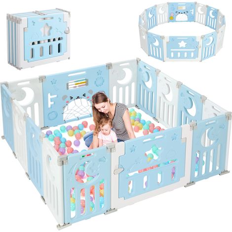 Laufstall aus Kunststoff, 12+2 Paneele für Kinder – zusammenklappbarer Schutzzaun für Babys und Kinder – 150 x 150 x 62 cm – Blau
