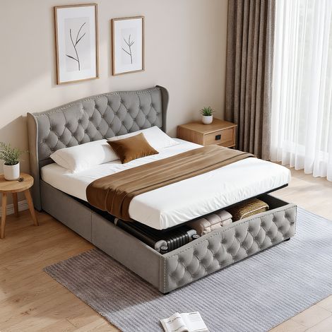 Polsterbett 160 x 200 cm, Doppelbett mit hydraulisch und Stauraum, Modern Jugendbett mit gewelltem Kopfteil mit Nieten, Bettgestell mit Lattenrost, Velour Grau