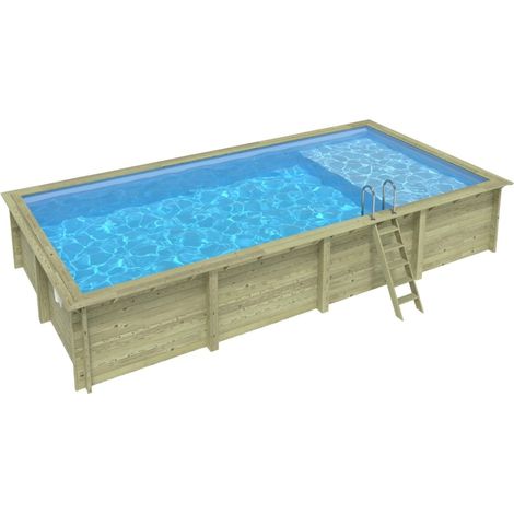 Piscina in legno AQUA 8.5 x 4.35 – H.1.45 m con spiaggia, azzurro chiaro, con supporti da cementare - BAS7309OSPI+PLA309