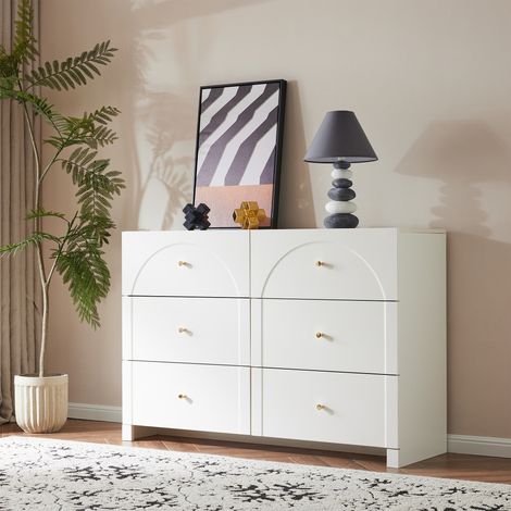 Kommode mit 6 Schubladen, 120x40x82 cm, Aufbewahrungssideboard für Schlafzimmer und Wohnzimmer, romantisch elegantes Holzdesign, Weiß (1/5)