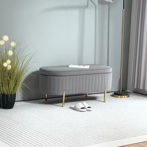 Banc de rangement, bout de lit en velours avec couvercle, pieds en métal, capacité 72, gris, 108x44x43,5cm