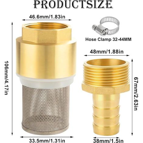 1/2" Messing-Rückschlagventil", 1 1/2" Saugfilter", Messing-Fußventil mit Rückschlagventil, Sieb, Schlauchanschluss und Schlauchschelle (1 1/2" Gewinde + Anschluss) (1/5)