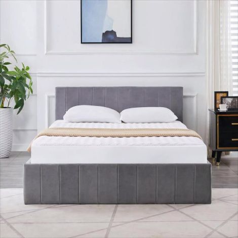 Ottoman Storage Bed grey 3ft single and 1 mattress line pattern fabric velvet bedroom furniture (1/5)