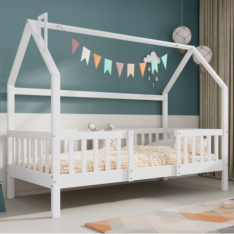 Cama cabaña infantil 90x200 cm de madera blanca, ahorra espacio, sin colchón FloraGrace (1/5)