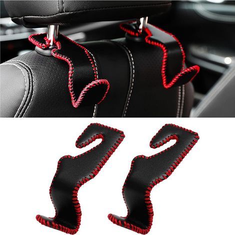 Lot de 2 crochets de dossier de siège auto en cuir de qualité supérieure, fixations durables pour appuie-tête, accessoires intérieurs de voiture, crochet pour sac à main (noir-rouge) (1/5)
