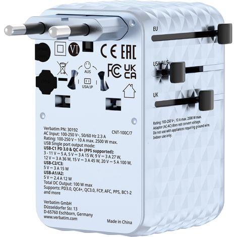 Adaptateur de voyage Verbatim Charge 'n' Travel 100W USB-C USB-A